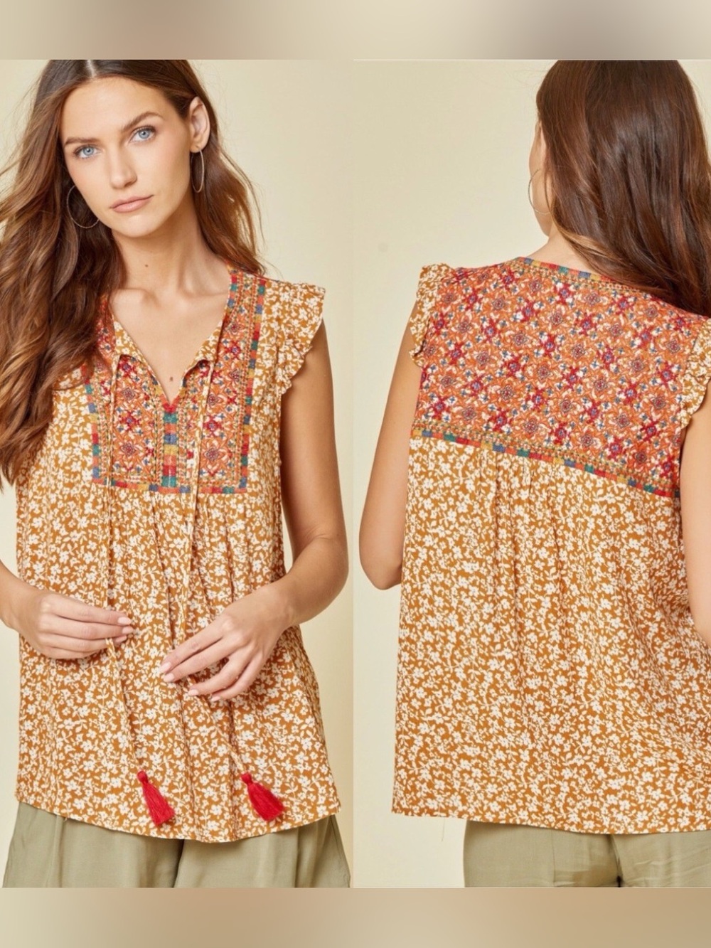 Savanna Jane Mustard Floral Embroidered Top Flutter Sleeve Tassel Boho Blouse L